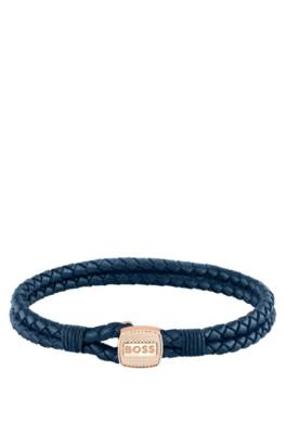 Shop Hugo Boss Blue Braided-leather Cuff With Gold-tone Closure In 블루