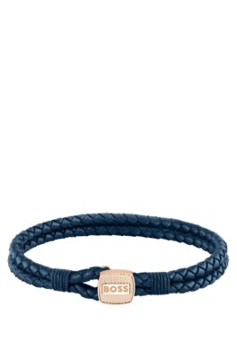 Bracelet en cuir tressé bleu avec fermeture dorée