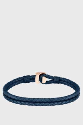 Blue braided-leather cuff with gold-tone closure, Blue