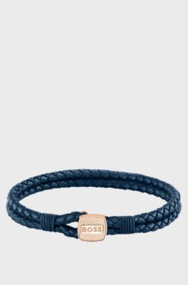 Blue braided-leather cuff with gold-tone closure, Blue