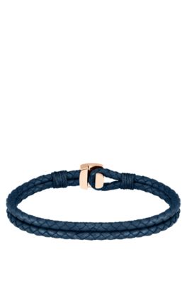 Blue braided-leather cuff with gold-tone closure, Blue