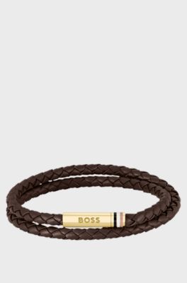 Brown braided-leather cuff with logo closure, Dark Brown