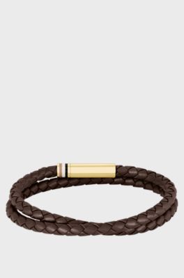 Brown braided-leather cuff with logo closure, Dark Brown