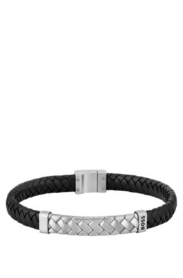 かっこいい！【Hugo Boss】シール ブレイド レザー ブレスレット BOSS - ブラック ブレイドレザー ブレスレット ヘリンボーン