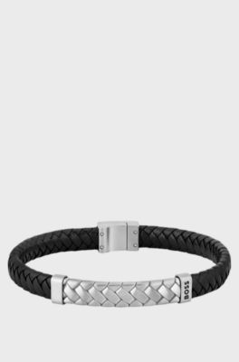Black braided-leather cuff with herringbone hardware, Black