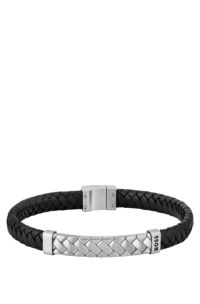 Bracelet tress&eacute; en cuir noir avec pi&egrave;ces m&eacute;talliques motif chevrons, Noir