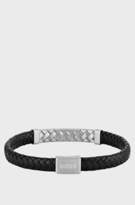 Black braided-leather cuff with herringbone hardware, Black