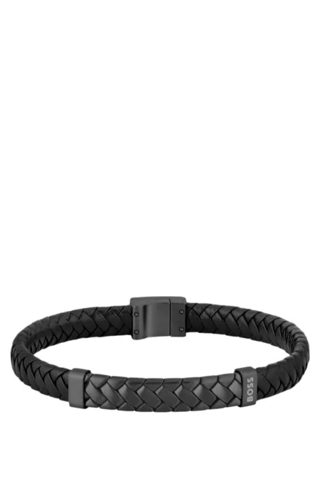 Black braided-leather cuff with herringbone hardware