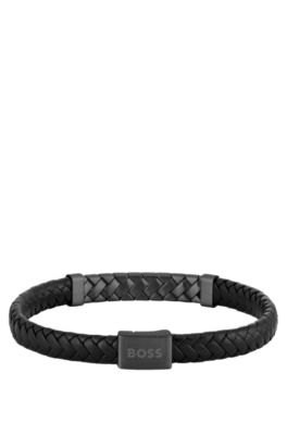 Black braided-leather cuff with herringbone hardware, Black