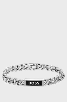 Silver-tone chain cuff with logo plate, Silver tone