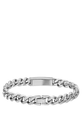 Silver-tone chain cuff with logo plate, Silver tone