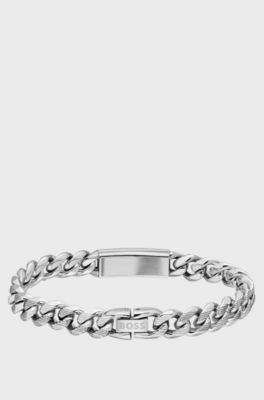 Silver-tone chain cuff with logo plate, Silver tone