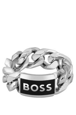 Chain ring with logo plate, Silver tone