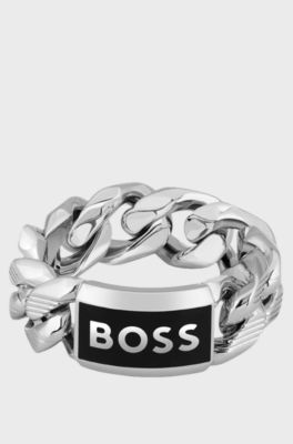Chain ring with logo plate, Silver tone