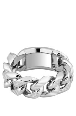Chain ring with logo plate, Silver tone