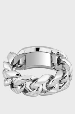Chain ring with logo plate, Silver tone