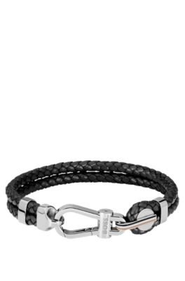 Black braided-leather cuff with silver-tone carabiner closure, Black