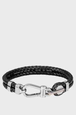 Bracciale in pelle nera intrecciata con chiusura a moschettone color argento, Nero