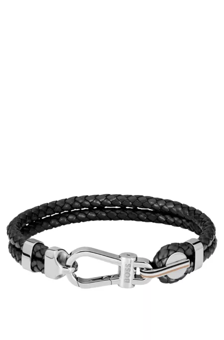 Black braided-leather cuff with silver-tone carabiner closure