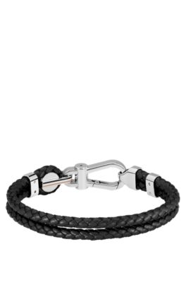 Black braided-leather cuff with silver-tone carabiner closure, Black