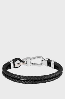 Bracciale in pelle nera intrecciata con chiusura a moschettone color argento, Nero