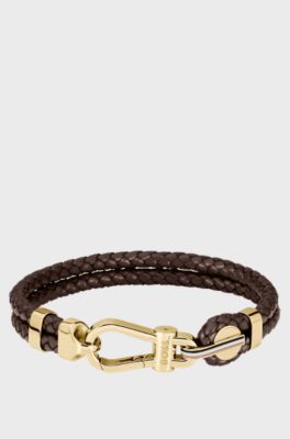 Brown braided-leather cuff with gold-tone carabiner closure, Dark Brown