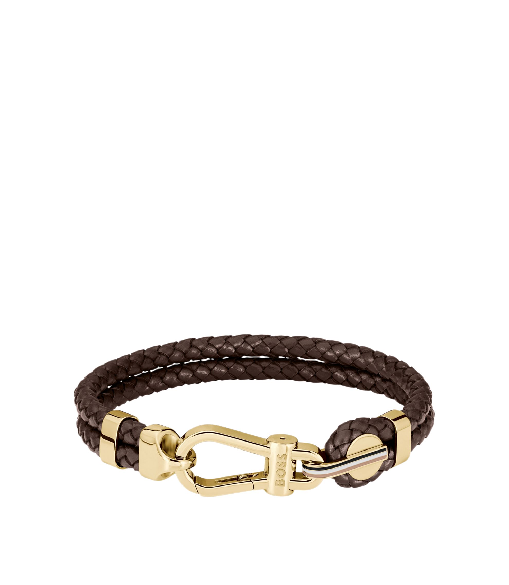 Braunes Armband aus geflochtenem Leder mit goldfarbenem Karabinerverschluss