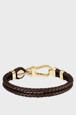 Brown braided-leather cuff with gold-tone carabiner closure, Dark Brown