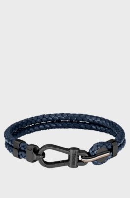 Blue braided-leather cuff with black carabiner closure, Dark Blue