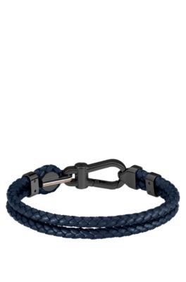 Blauw gevlochten leren armband met zwarte karabijnhaaksluiting, Donkerblauw