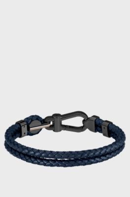 Blue braided-leather cuff with black carabiner closure, Dark Blue