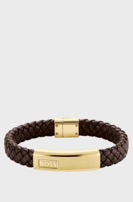 Brown braided-leather cuff with gold-tone logo plate, Dark Brown
