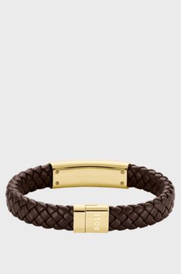 Brown braided-leather cuff with gold-tone logo plate, Dark Brown