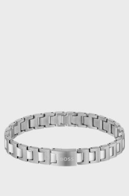 Silver-tone link cuff with logo closure, Silver tone