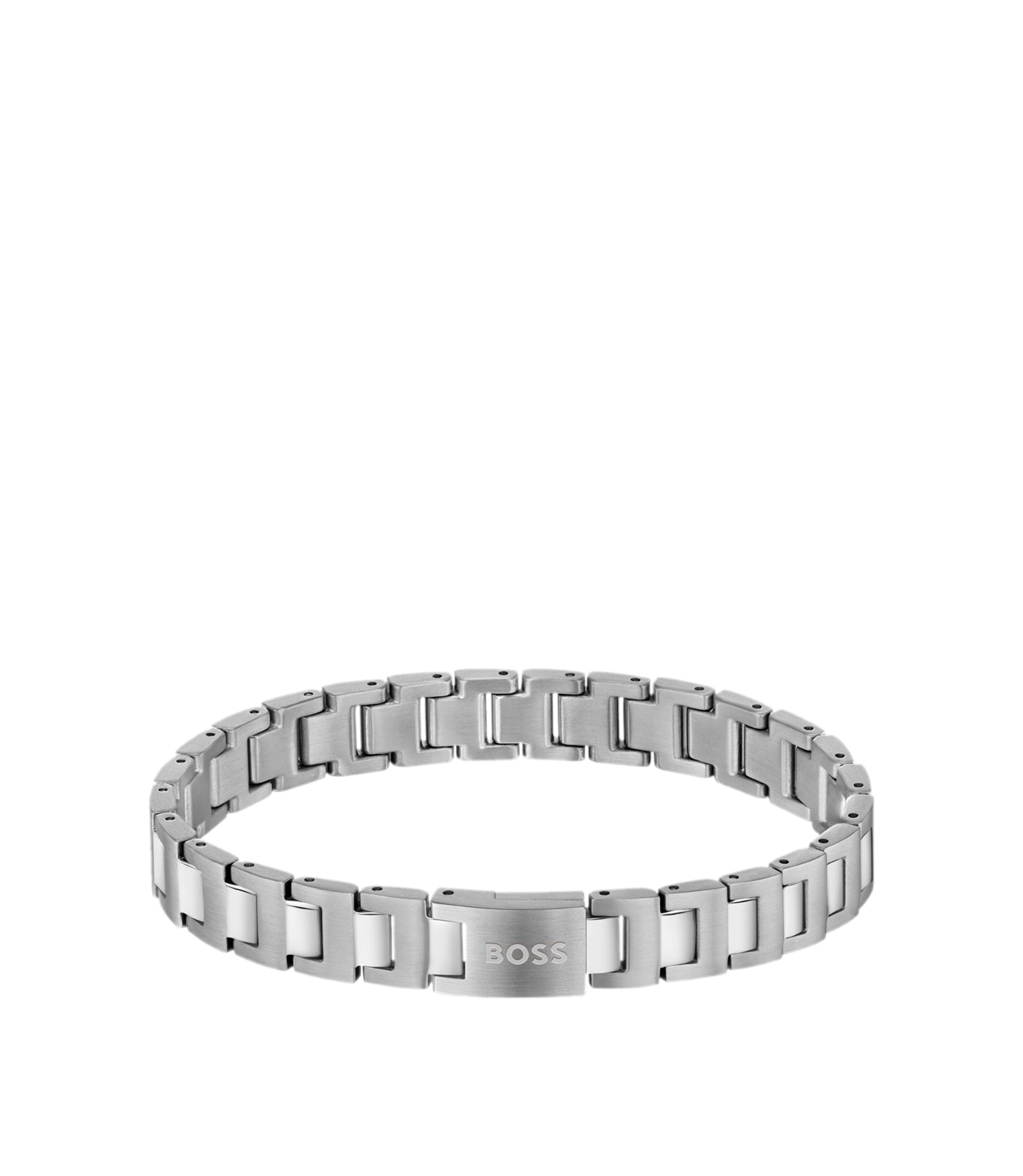 Silberfarbenes Gliederarmband mit Logo am Verschluss