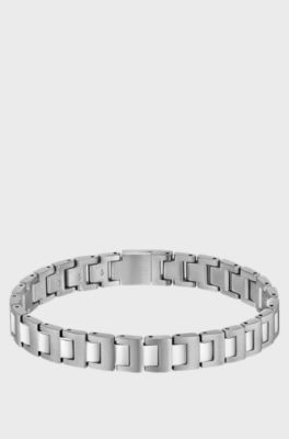 Silver-tone link cuff with logo closure, Silver tone