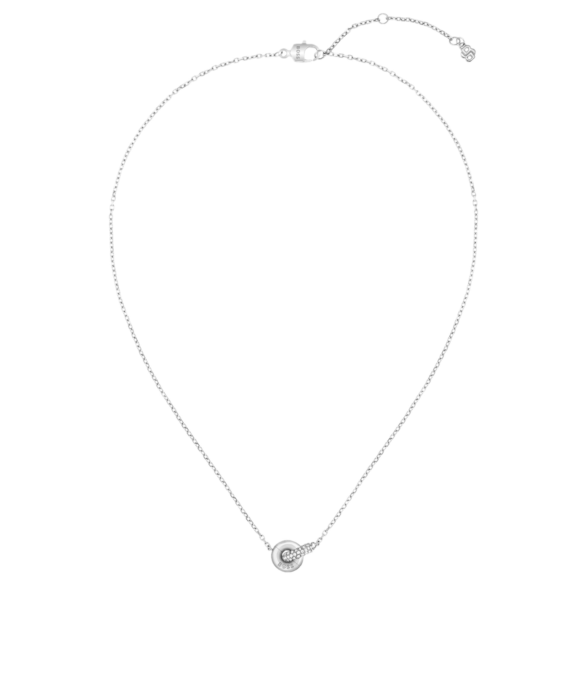 Silberfarbene Halskette mit verschlungenen Ringen und Pavé-Kristallen