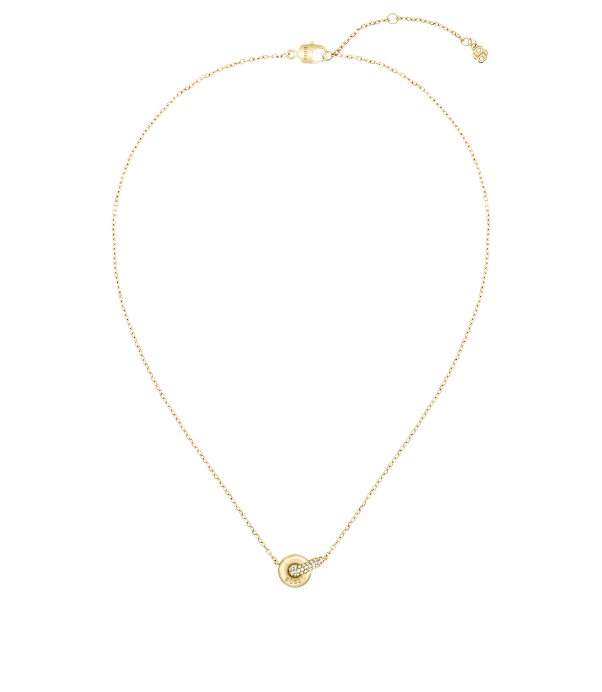 Goldfarbene Halskette mit verschlungenen Ringen und Pavé-Kristallen