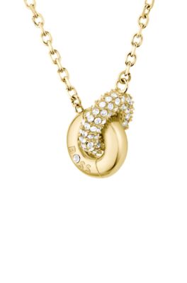 Golden interlocking-hoop necklace with pav&eacute; crystals, Gold tone