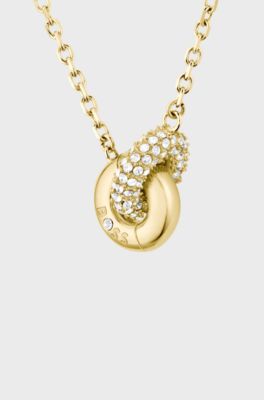 Goudkleurige ketting met in elkaar grijpende ringen en pav&eacute;-kristallen, Goudkleurig