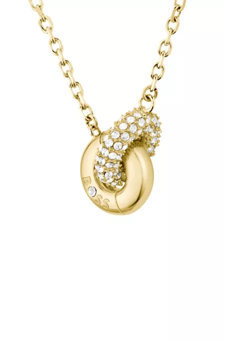 Golden interlocking-hoop necklace with pavé crystals