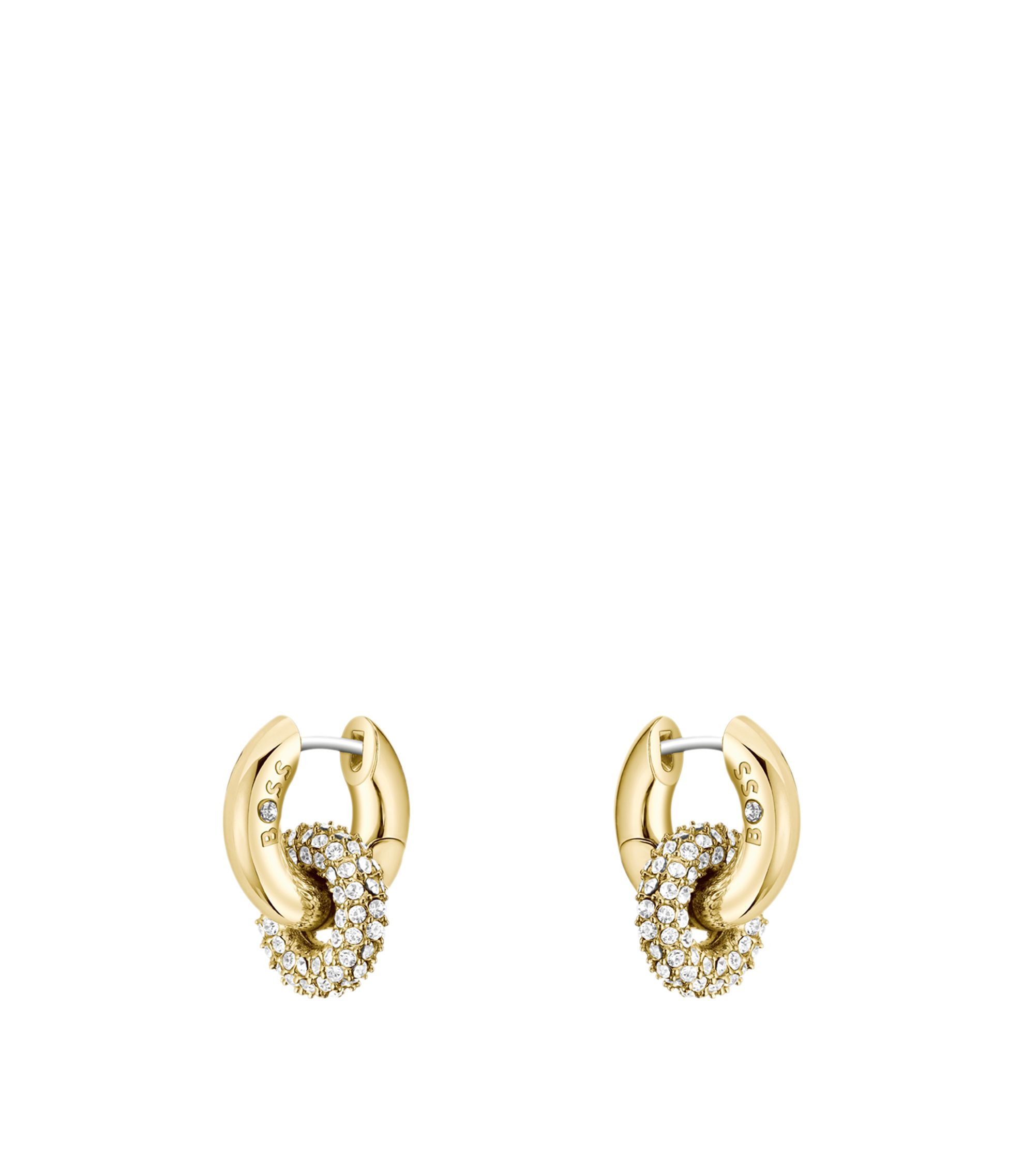 Goldfarbene Ohrringe mit verschlungenen Ringen und Pavé-Kristallen