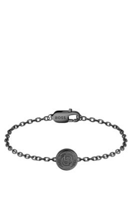 Schwarz beschichtetes Armband mit Double-B-Monogramm-Medaillon, Dunkelgrau