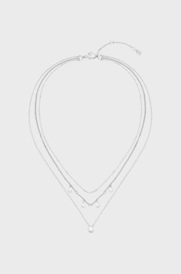 Three-layer silver-tone necklace with droplet charms, Silver tone