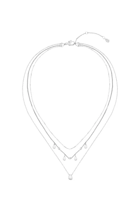 Three-layer silver-tone necklace with droplet charms
