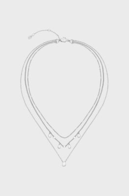 Three-layer silver-tone necklace with droplet charms, Silver tone