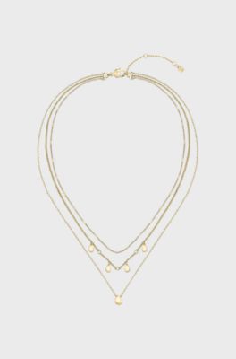 Three-layer gold-tone necklace with droplet charms, Gold tone