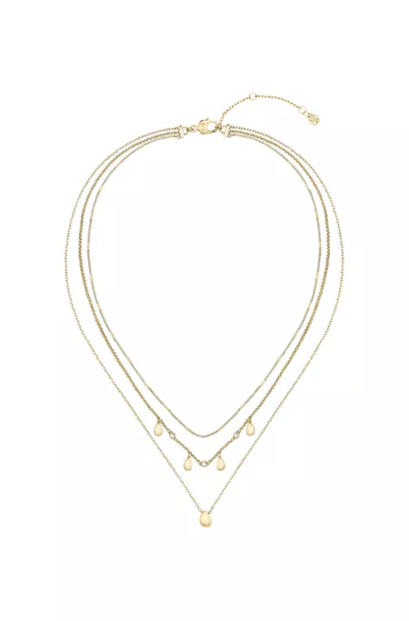 Three-layer gold-tone necklace with droplet charms