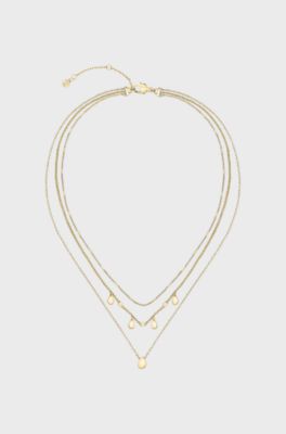 Three-layer gold-tone necklace with droplet charms, Gold tone