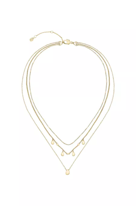 Three-layer gold-tone necklace with droplet charms